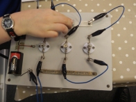 A series circuit- ready for pupils to make observations on. Pupils like have their own boards.